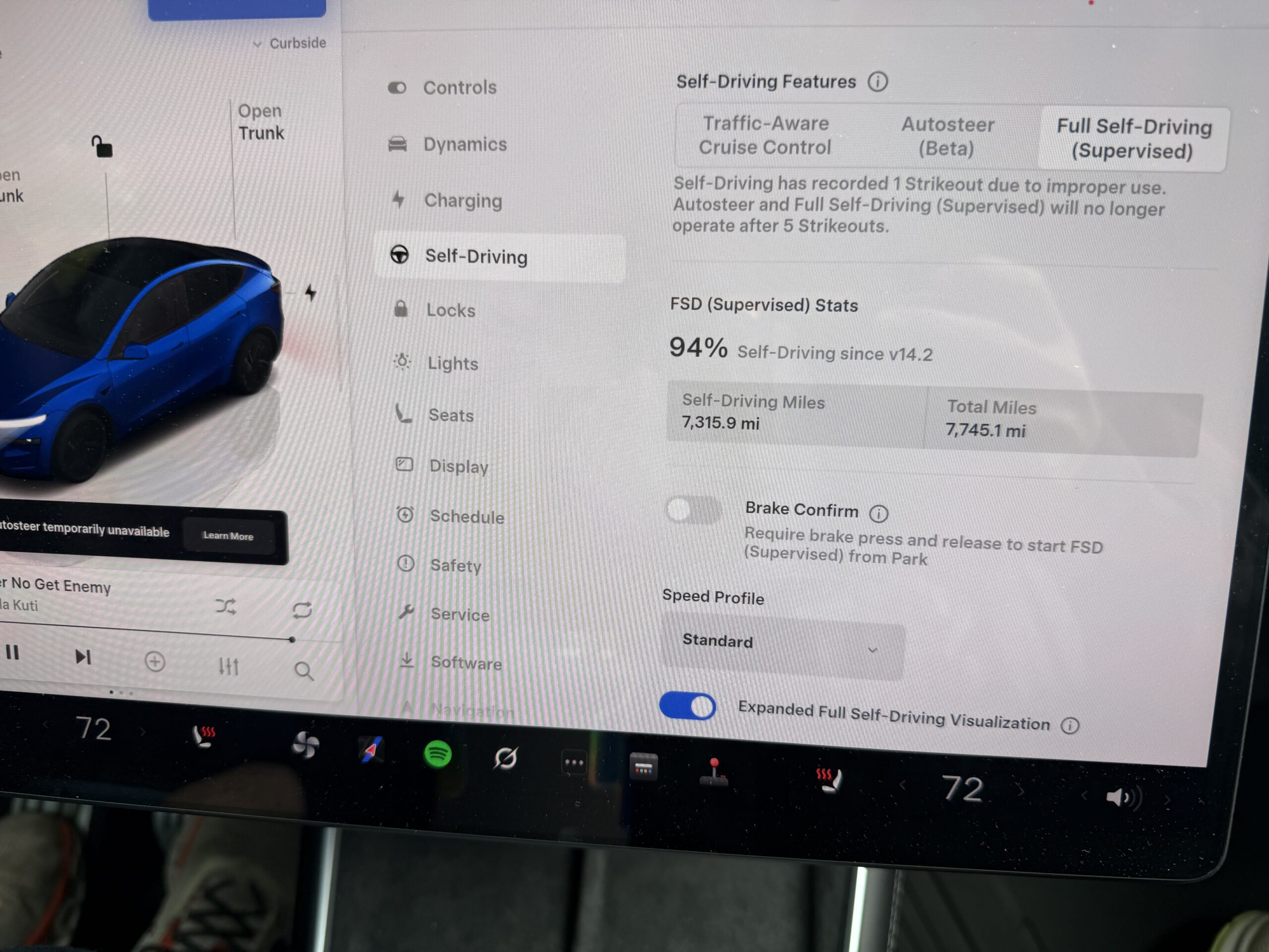 Tesla Full Self-Driving supervised stats showing 94 percent self-driving since v14.2