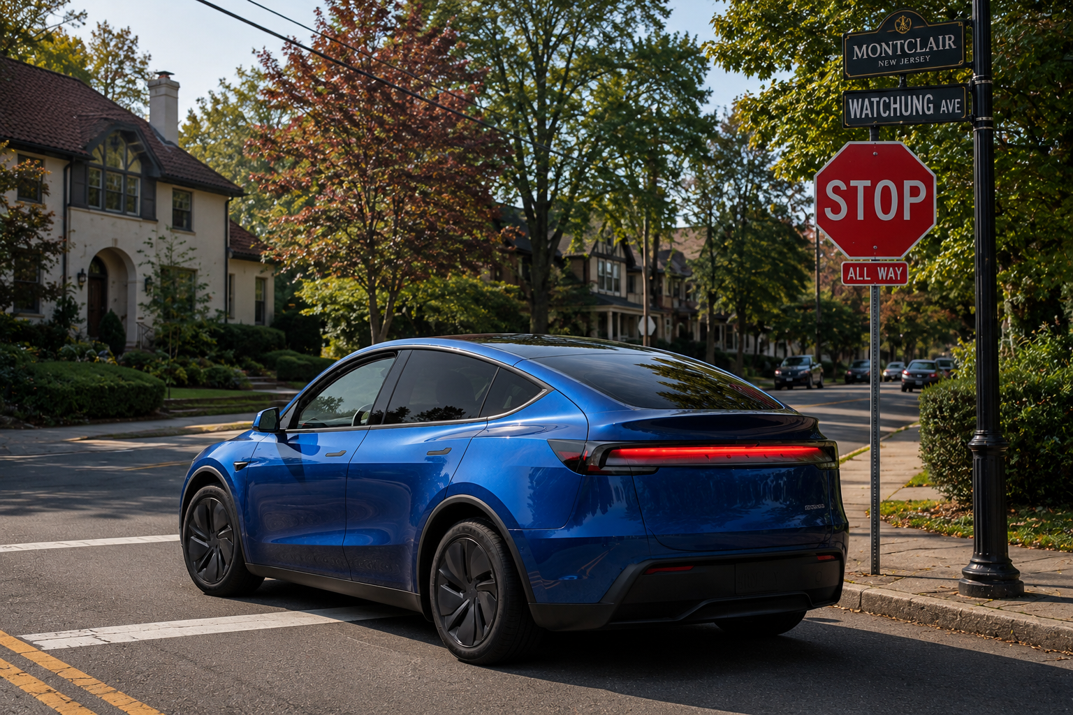 Blue Tesla Model Y Juniper at a stop sign where FSD still feels limited