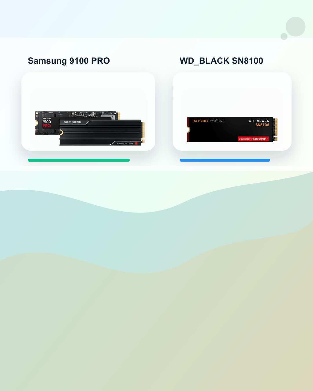 Samsung 9100 PRO and WD BLACK SN8100 official product images in a BTI comparison layout