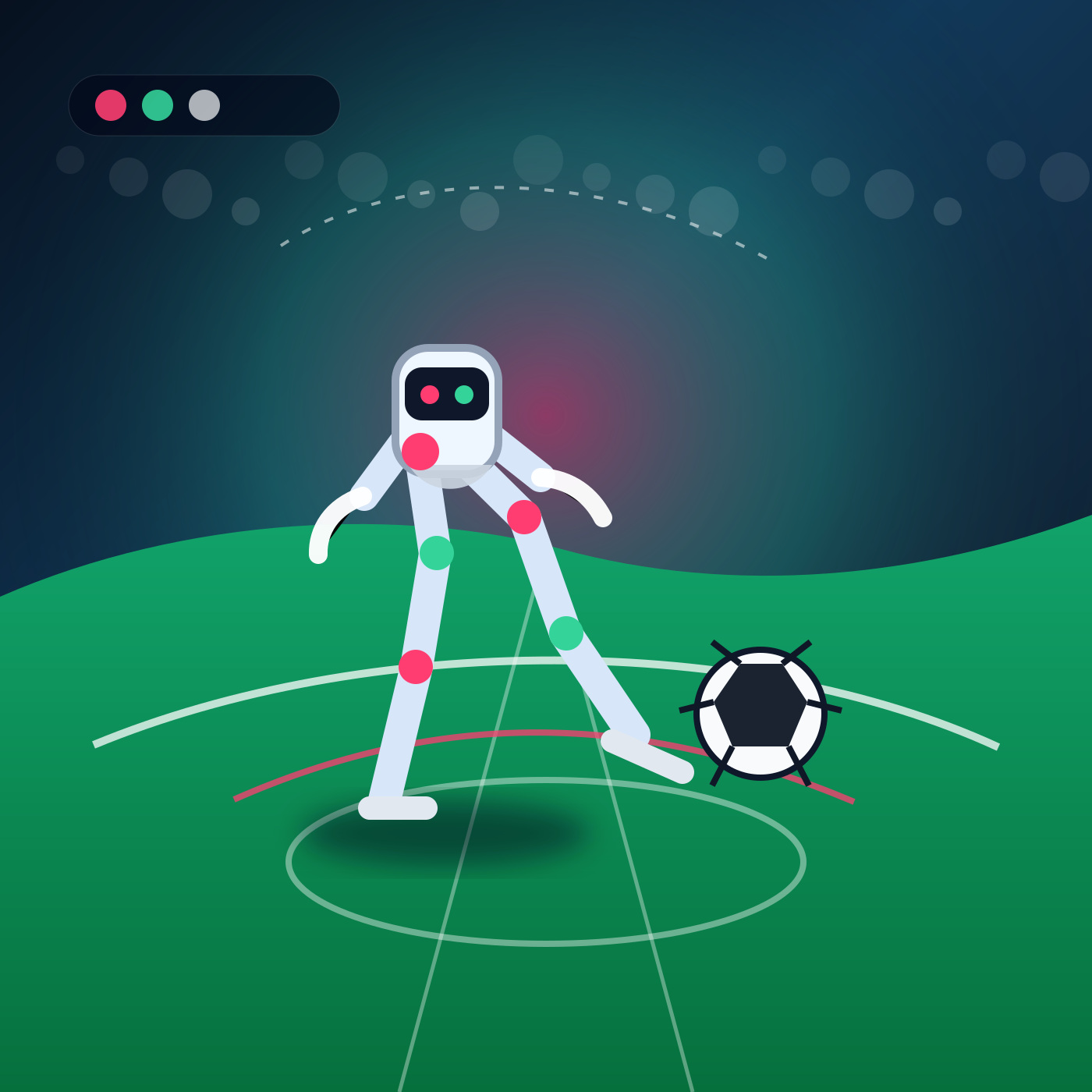 Generated editorial visual of humanoid robots on a soccer penalty field with AI perception overlays