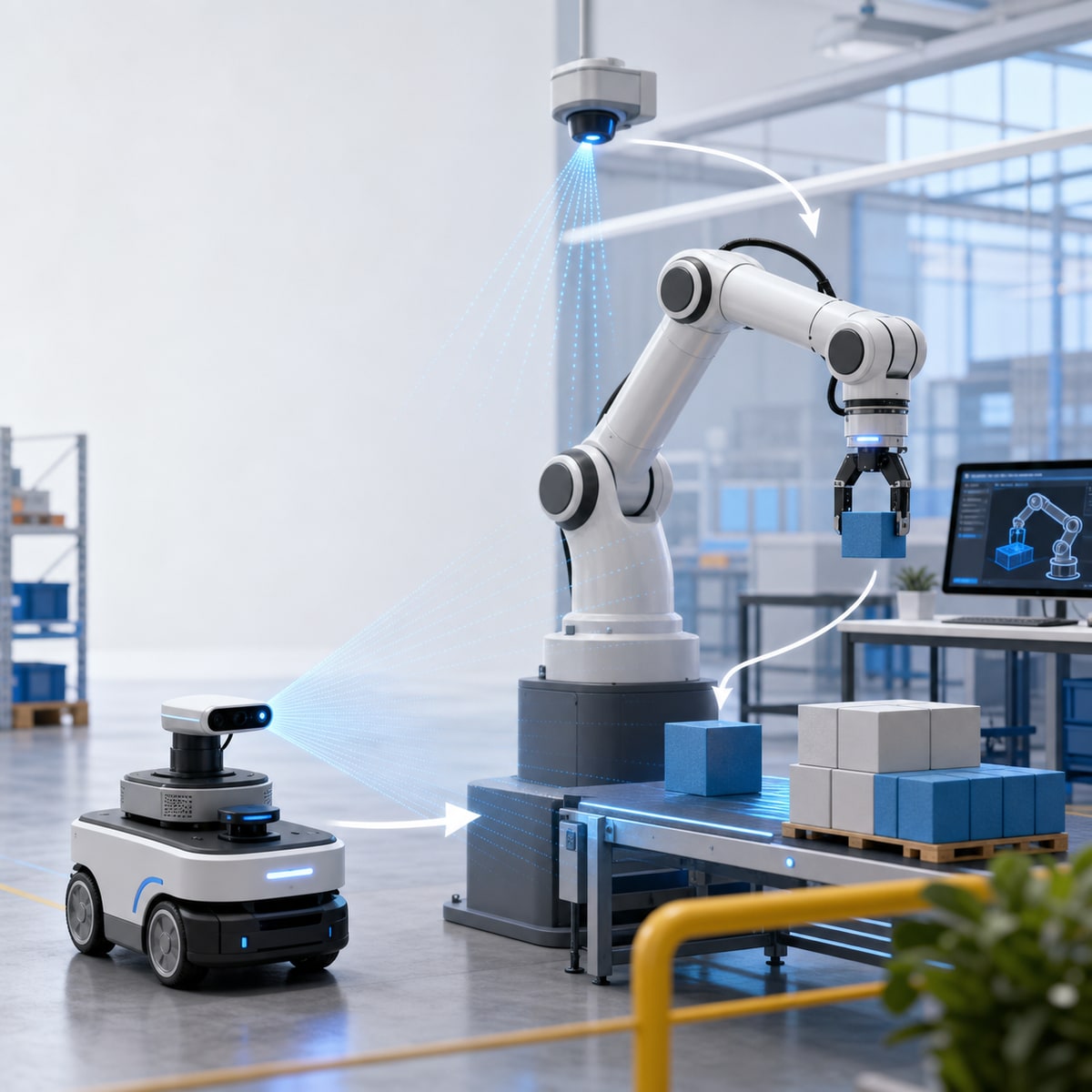 Physical AI robots using sensors and motors in a factory lab scene