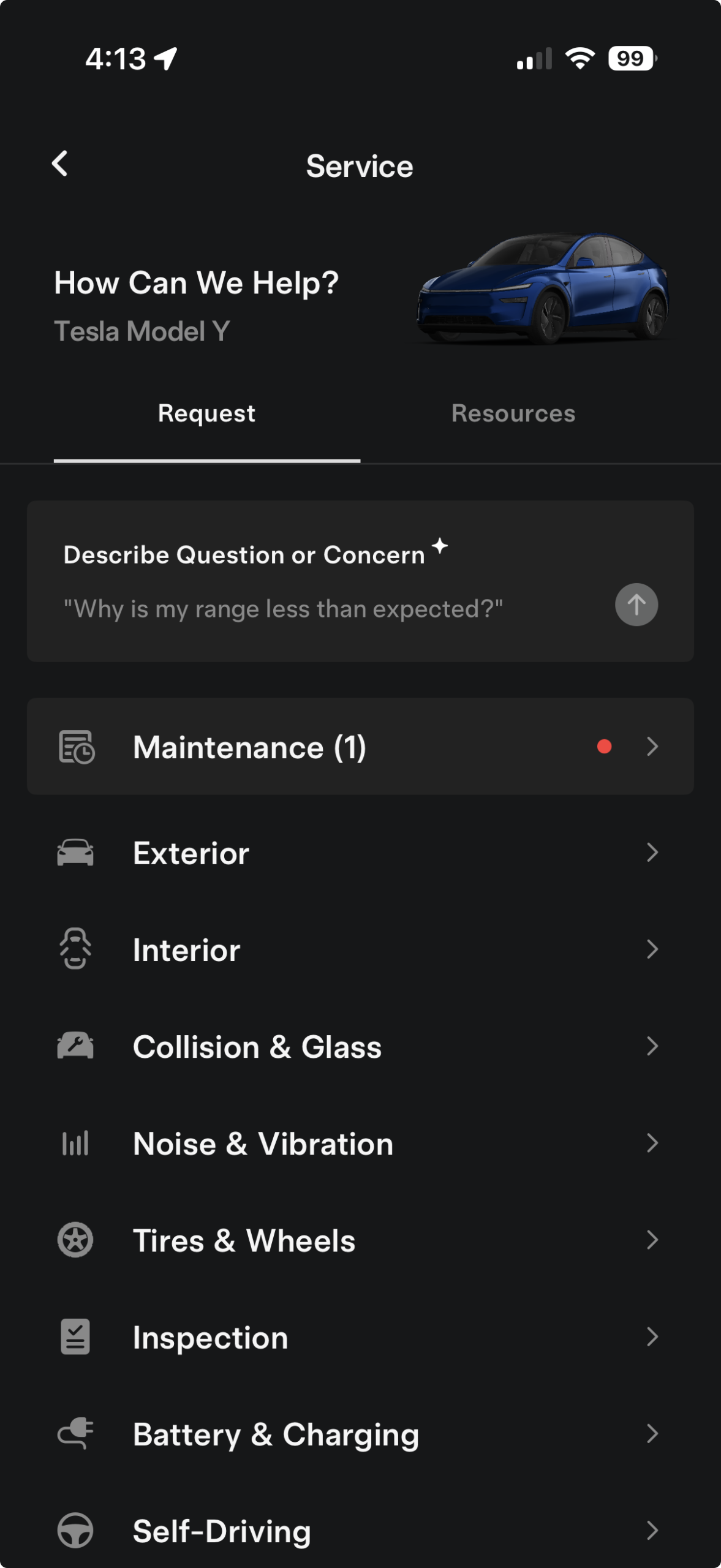 Tesla app service screen for scheduling Model Y windshield service