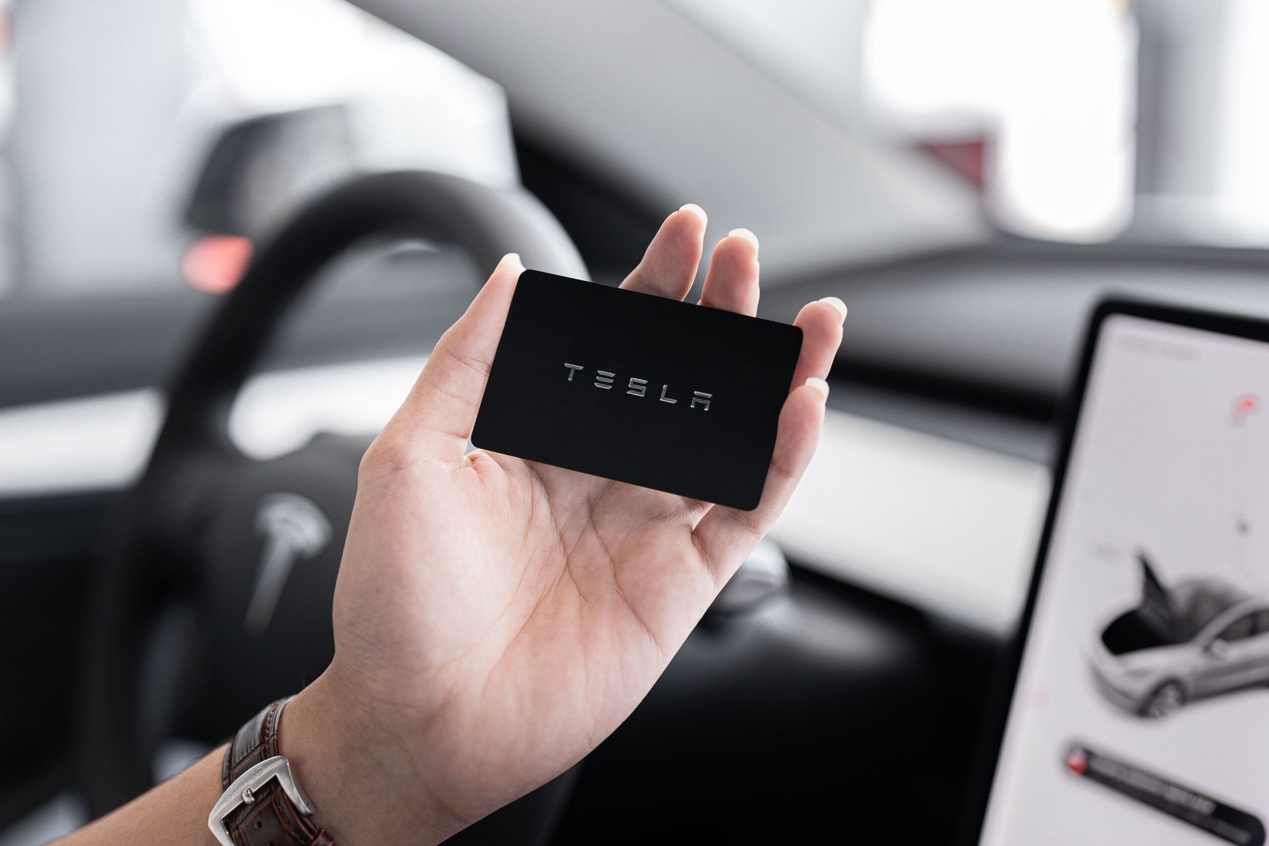 Tesla key card inside a new Model Y Juniper on delivery day