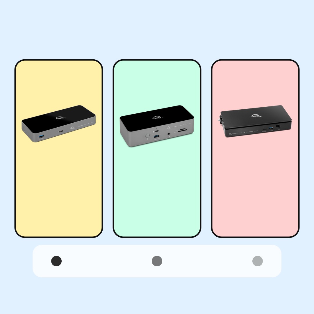 OWC Thunderbolt 5 Hub Dock and Dual 10GbE Network Dock product images in a BTI comparison layout