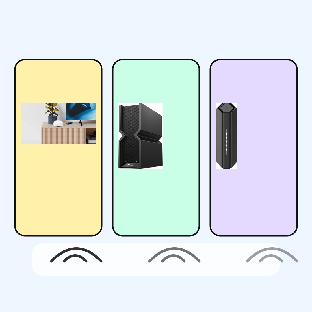 eero 7 TP-Link Archer BE550 and NETGEAR Nighthawk RS700S product images in a BTI comparison layout