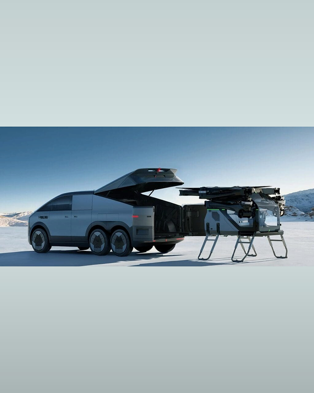 XPeng ARIDGE Land Aircraft Carrier beside its detachable eVTOL aircraft module