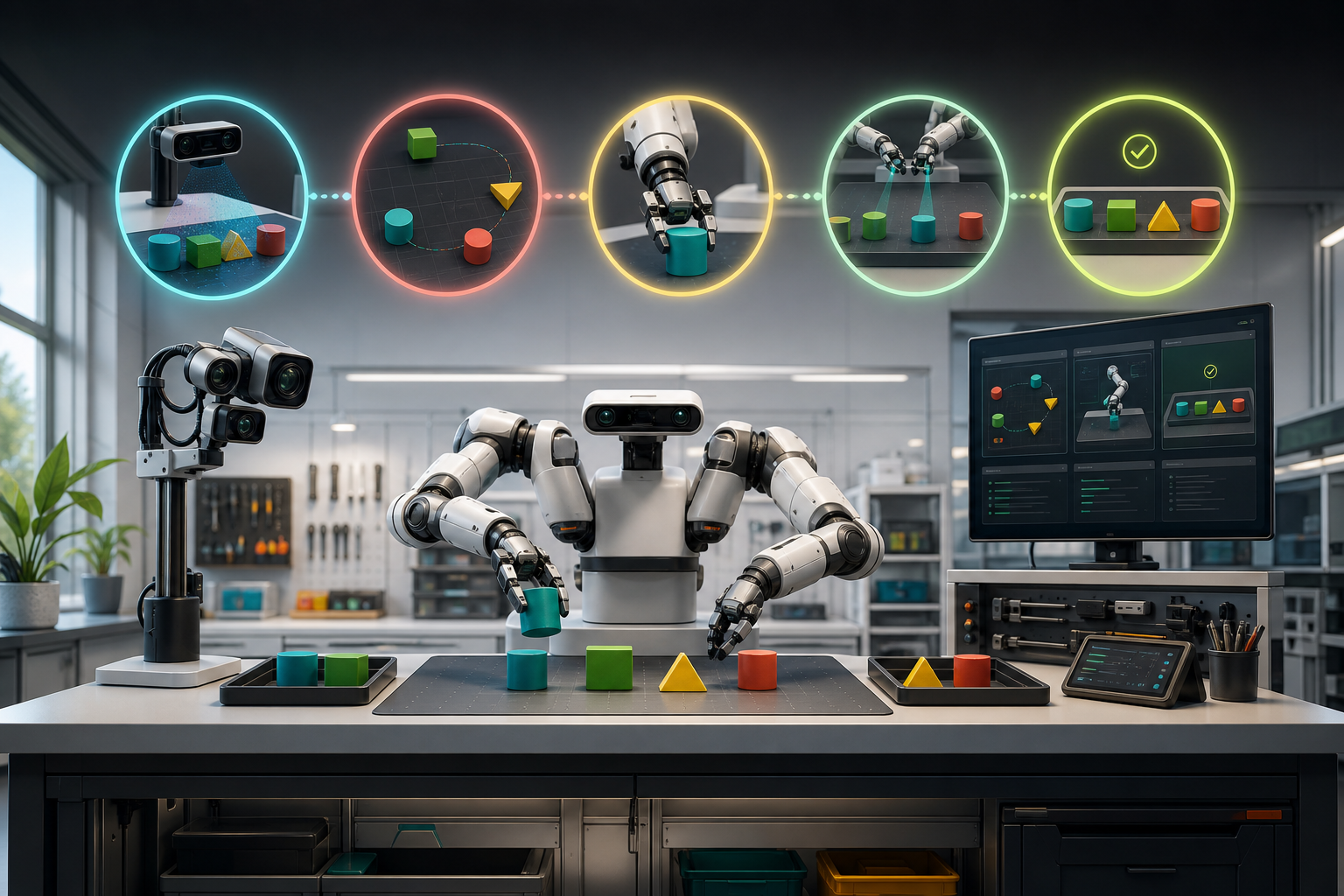 BTI original conceptual illustration of an embodied AI observing, planning, orchestrating tools, watching progress, and checking a robot task