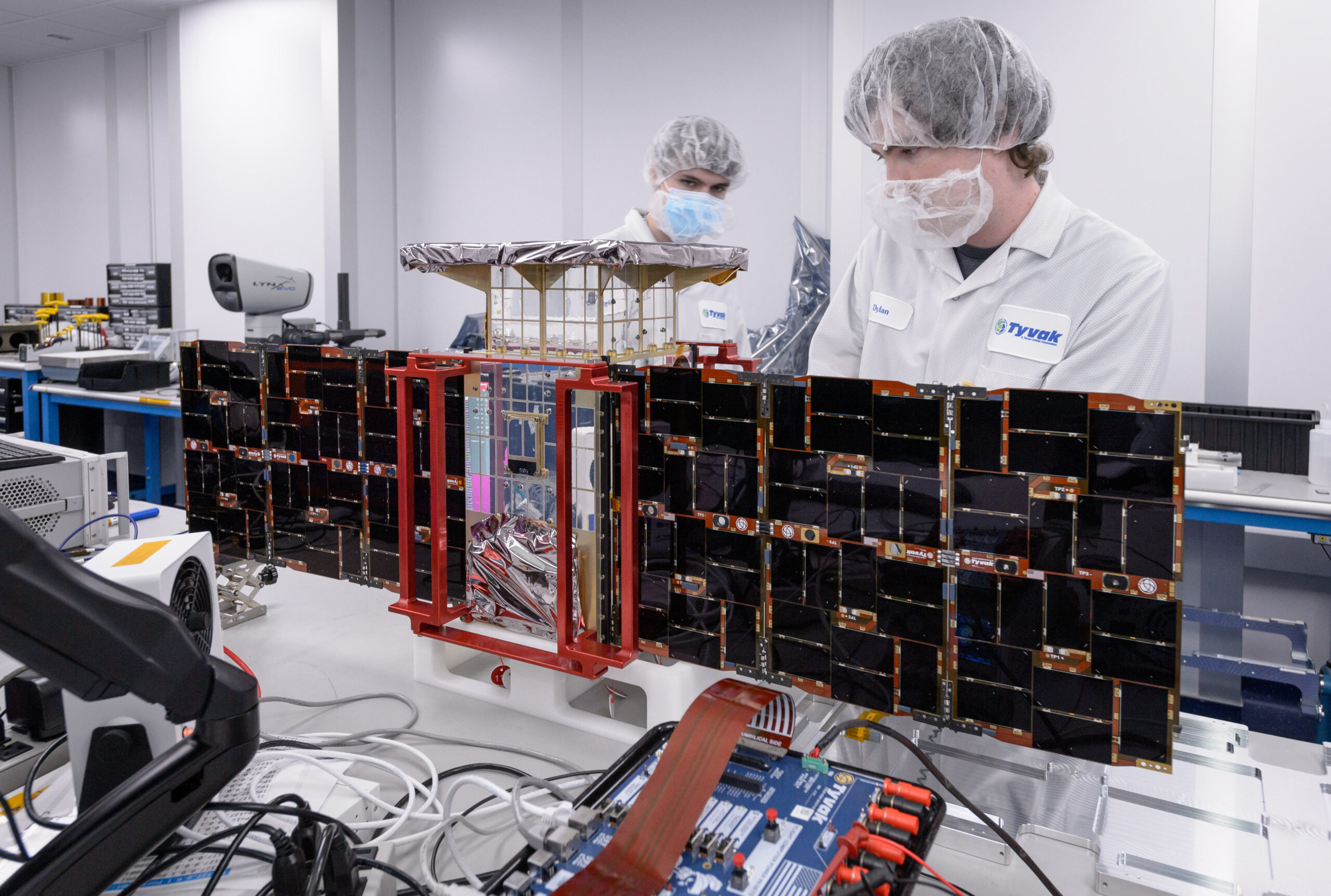 NASA CAPSTONE spacecraft during solar-panel installation before its lunar navigation mission