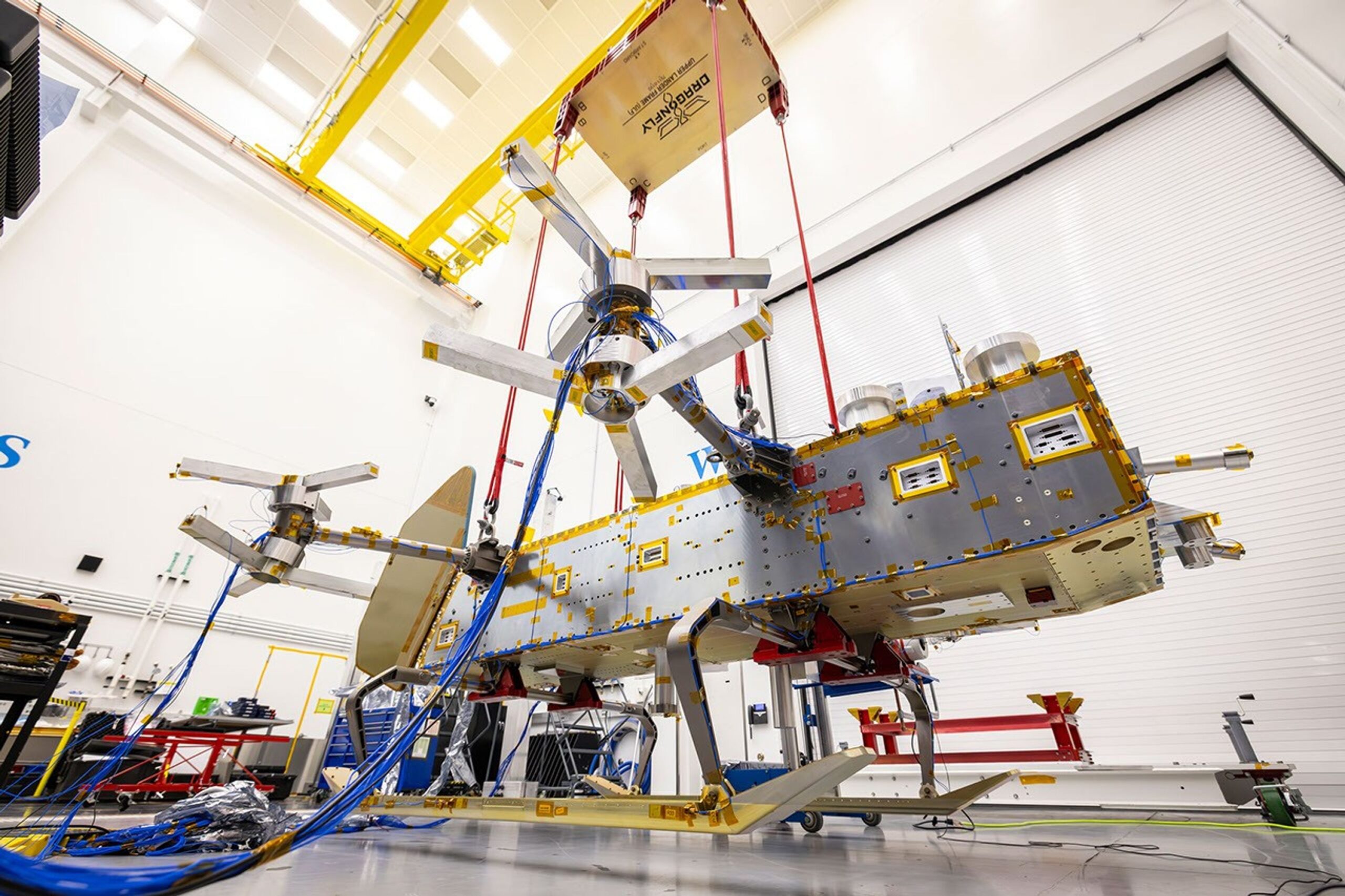 NASA Dragonfly rotorcraft structure suspended during vibration testing at Johns Hopkins APL