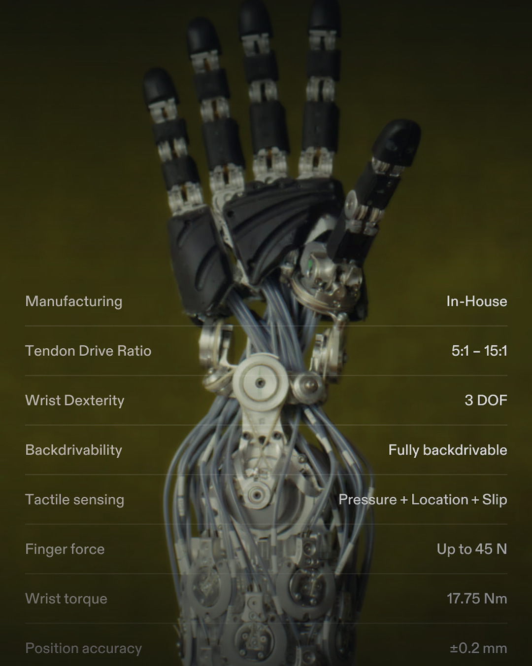 Exposed 1X NEO robot hand and forearm showing the tendon-driven hardware