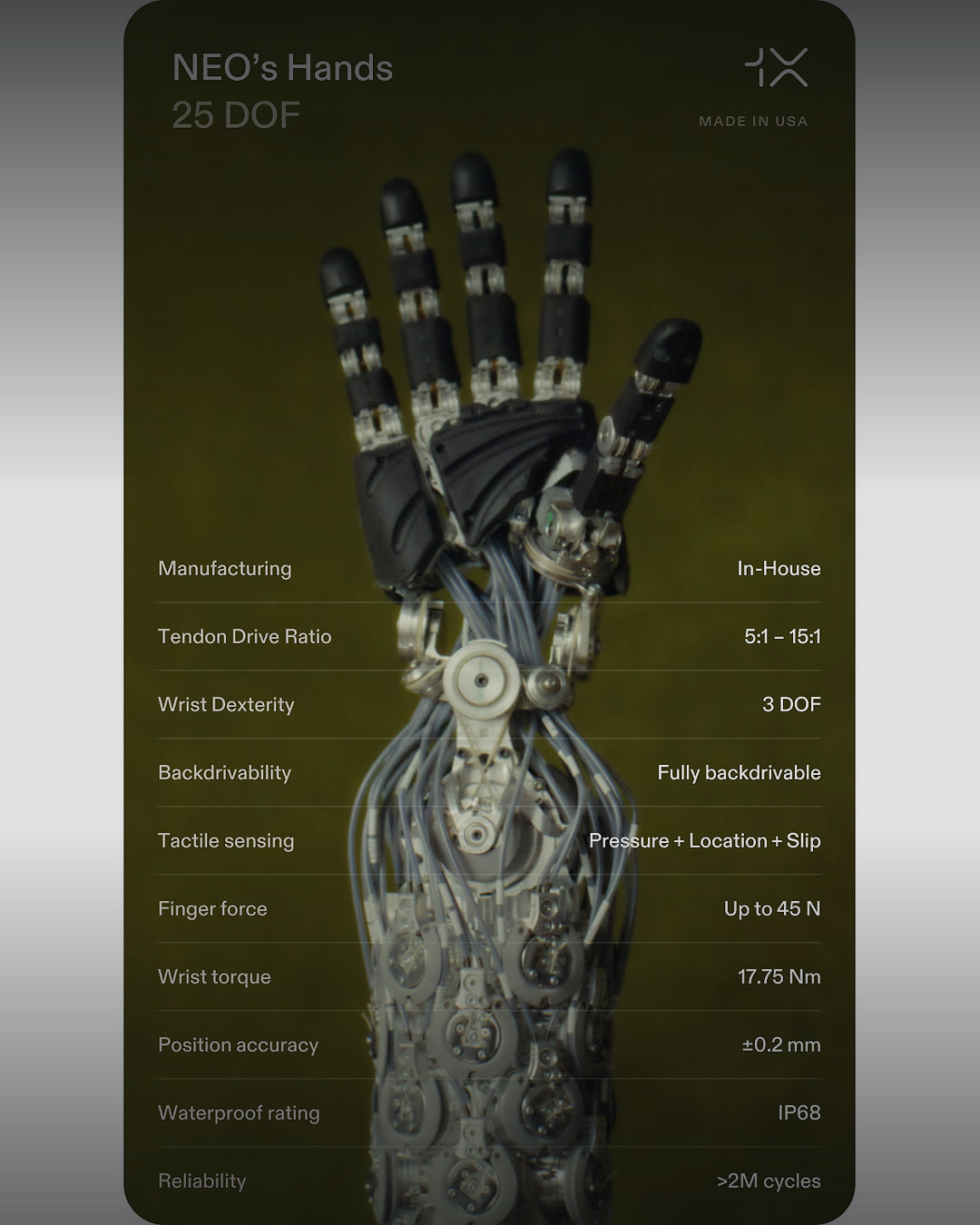 1X NEO humanoid robot hand with articulated fingers and a tendon-driven forearm