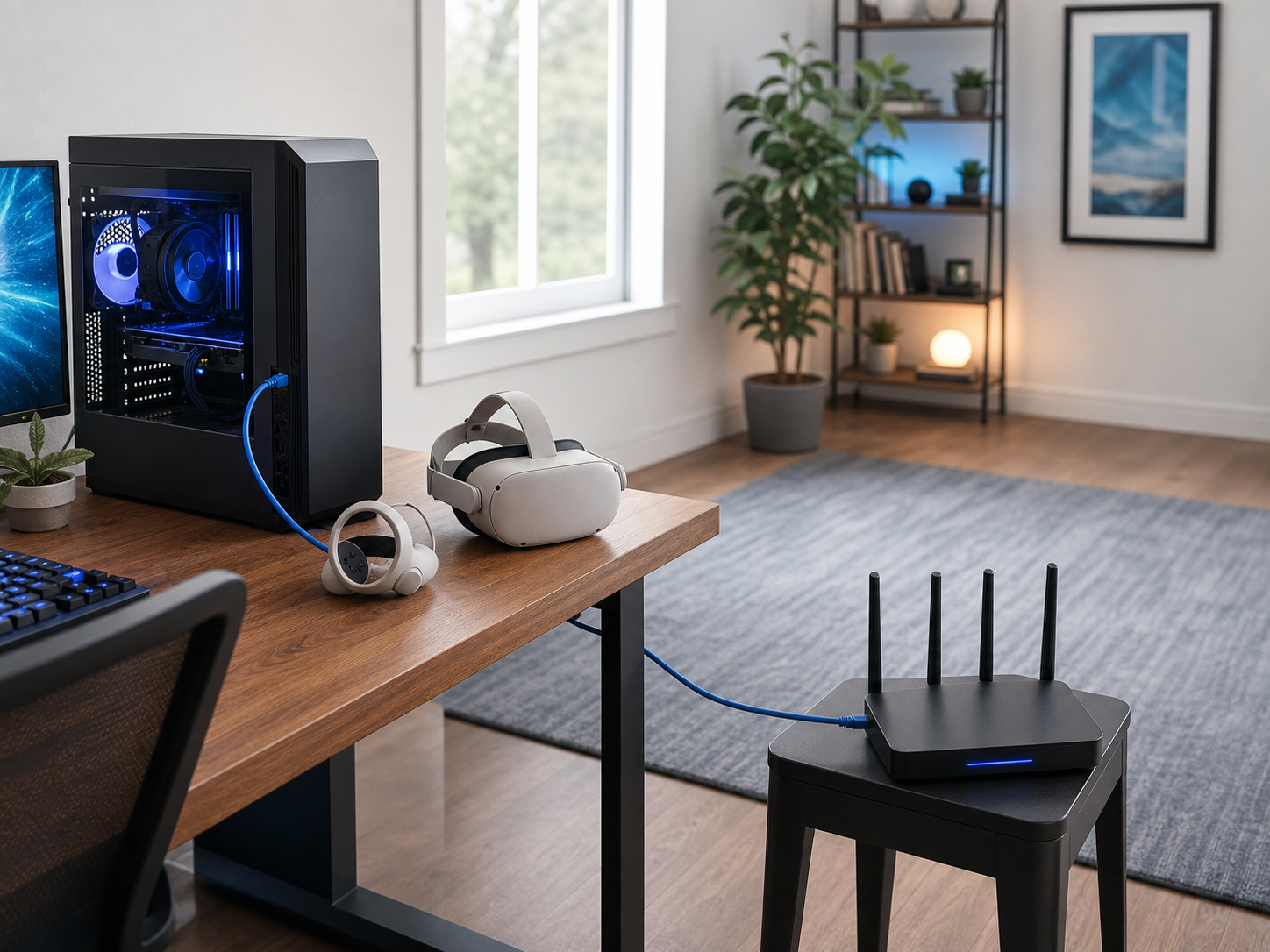 Gaming PC wired to a dedicated router while a VR headset connects over Wi-Fi
