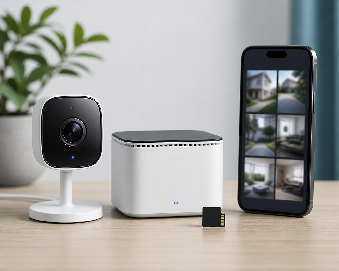 Generic security camera local storage setup with camera, hub, microSD card, and phone