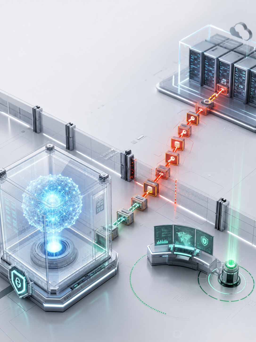 BTI original illustration of an AI cyber evaluation crossing a controlled network boundary toward public services
